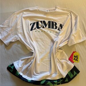 Zumba Fitness White Tee with Black and Yellow Tags